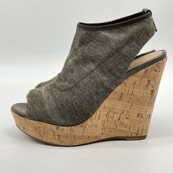 Stuart Weitzman Glove Tan Stretch Wedge Slingback Sandal Size 8M Cork Peep Toe - Picture 5 of 12